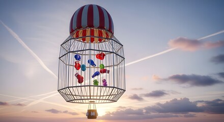 Vibrant boxing gloves float freely in colorful cage at sunset
