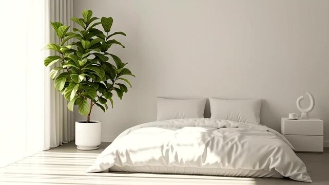 Serene Bedroom with White Bedding and Potted Plant.