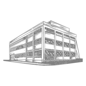 A detailed monochrome sketch depicting a large industrial building