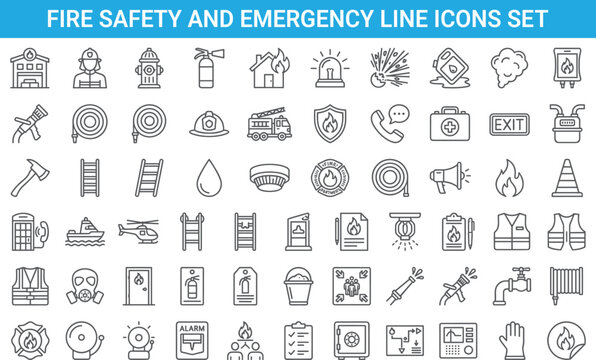 Fire safety and emergency line icons set featuring alarms, extinguishers, rescue equipment, evacuation signs, hazard warnings, firefighting symbols, vector, outline