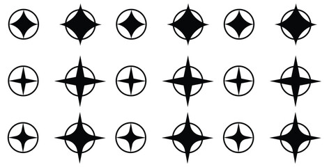 Fototapeta premium Collection of various black and white abstract star and compass rose icons showcasing different geometric styles and sizes for design versatility