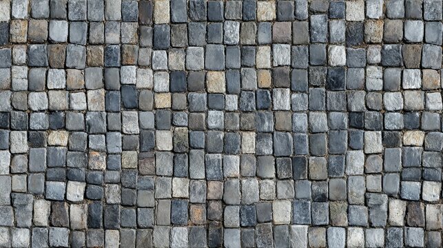 A close-up view of a cobblestone pavement made of small, square stones in various shades of gray and beige.
