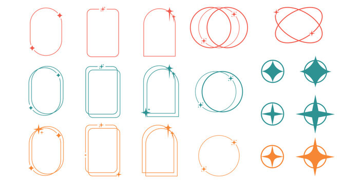 Collection of minimalist geometric and abstract line art frames featuring various shapes like ovals rectangles arches and circles adorned with subtle sparkling star accents