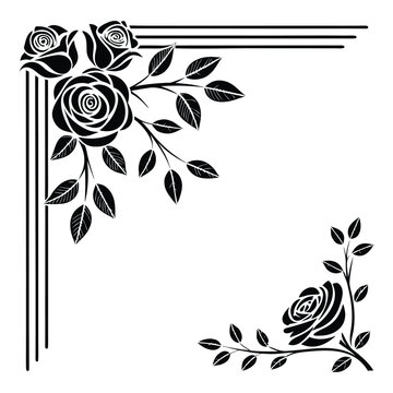 A black and white floral corner design features roses leaves and linear elements creating an elegant vignette high quality professional detailed