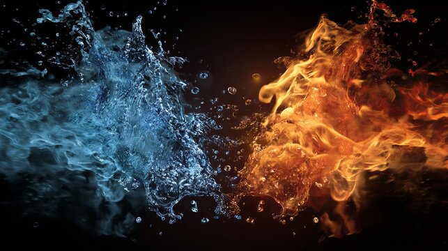 A dramatic image of fire and water colliding in a dark background