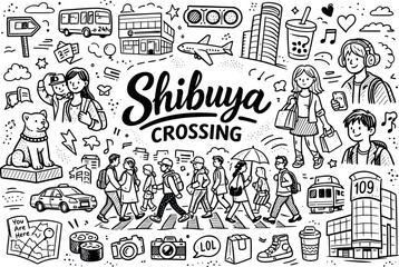 Obraz premium Shibuya Crossing busy pedestrian scene concept, hand drawn doodle elements set, center hand-lettered title, black & white vector