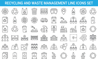 Recycling and waste management line icons set showing bins, sorting, collection points, sustainability, environment protection, eco friendly concepts, vector outline