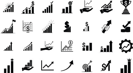 Fototapeta premium Collection of business and finance related icons and graphs . dollars, stats, statistics, economy, growth, profit, loss, arrow, up, down, trend, analysis, report, data on png 