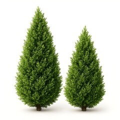 Pair of Green Coniferous Cypress Trees of Different Sizes Isolated on White Background for Design