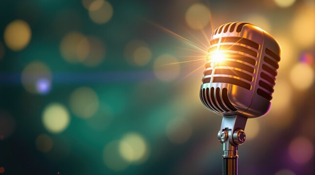 Vintage metallic microphone stand illuminated by warm stage lights, representing karaoke, stand-up comedy, and musical performance.