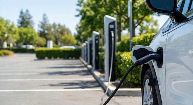 Close-up of a white vehicle during electric car charging in an urban environment