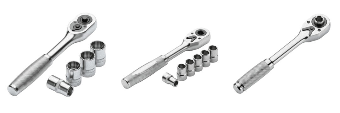 Set Professional Chrome Ratchet Handle and Socket Wrench Kit - Transparent Background PNG