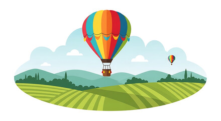 Fototapeta premium Colorful hot air balloons soaring over a vibrant green landscape on a sunny day.