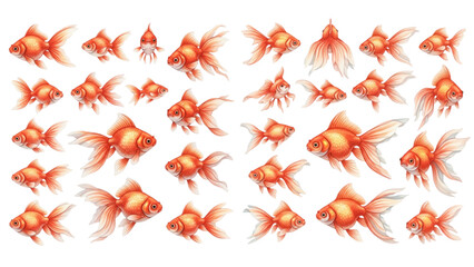 A charming watercolor collection of graceful goldfish, including flowing fins, delicate tail variations, swimming poses, and vibrant orange aquatic details.