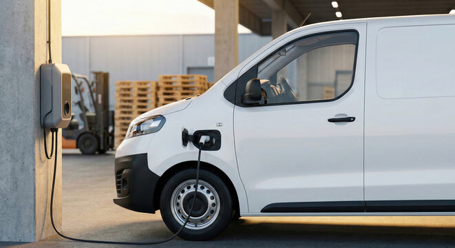Commercial white van electric car charging at a logistics warehouse