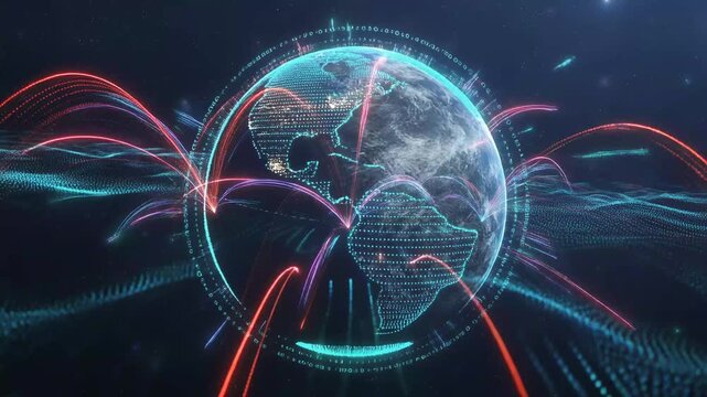 Earth globe with radiating digital connections and binary code