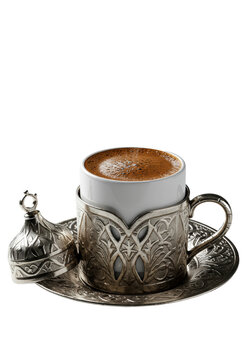macro shot of steaming turkish coffee in a porcelain demitasse cup, encased in an ornate antique ottoman silver zarf and saucer, isolated on white, dramatic highlights and volumetric steam, concept