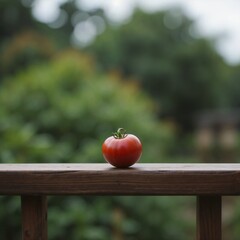Minimalist side view: one deep-red tomato centered on a narrow wooden railing,
