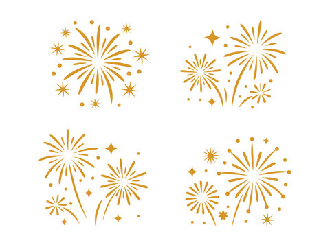 A vibrant illustration of golden fireworks exploding in the night sky with sparkling stars