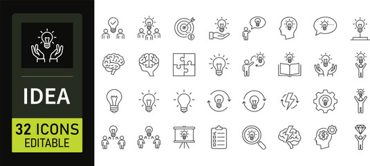 Idea Web Icon Set in Linear Style. Collection of creative idea, line icons, including creativity, thinking, light bulb, innovation, solution and more. Editable design