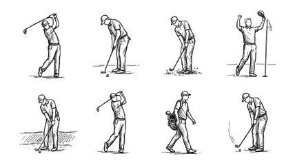 Hand-Drawn Golf Player Actions Vector Set: Golfer Swinging, Putting, Walking, and Celebrating on Course. Dynamic Sketch Line Art Illustrations for Sports, Leisure, and Game Design. © ObDesign