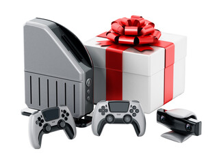 Giftbox standing next to generic video game console, controllers and camera on transparent background. 3D illustration © Destina