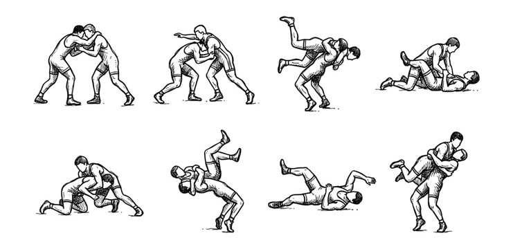 Wrestling Sketches Set Vector - Freestyle Greco-Roman Wrestlers Grappling and Takedown Poses Hand-Drawn Collection for Sports Design