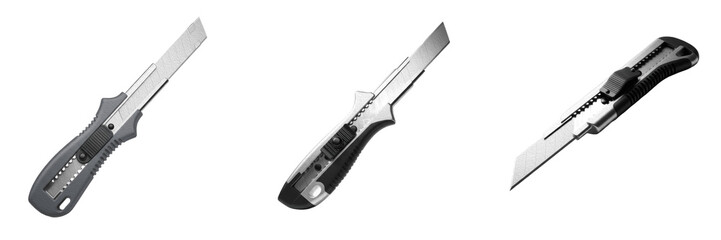 Fototapeta premium set of retractable utility knives with snap-off blades isolated on transparent background png