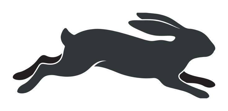 Dark grey stylized rabbit silhouette jumping in mid-air, a minimalist graphic icon representing speed, nature, and agility from a side profile perspective