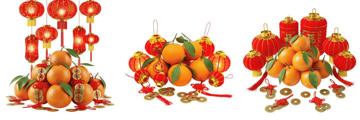set of chinese new year decorations with mandarins red lanterns and gold coins isolated on transparent background png © Shambo