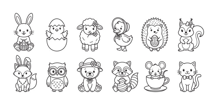 Set of cute black and white animal line drawings for a children's coloring book, featuring a bunny, chick, sheep, fox, and bear in a simple kawaii cartoon style for Easter