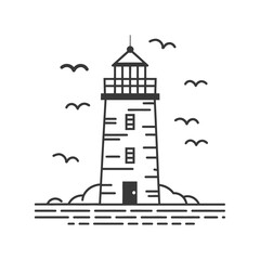 A tall lighthouse with birds near the coastal ocean water