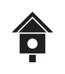 Black birdhouse icon with a triangular roof, round entrance hole, and a small post, presented as a simple, flat, and minimalist graphic symbol for various design concepts