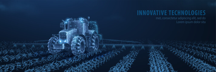 Futuristic tractor driving across digital farmland on blue background. Smart agriculture, modern farming, autonomous vehicle, precision cultivation, agrotech innovation concept. Vector illustration. © NeonGridStudio