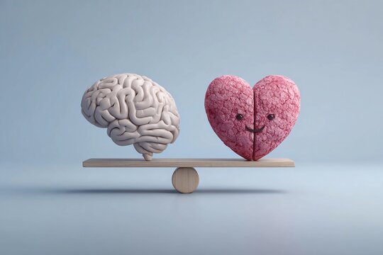 Balance between the brain and heart on a simple scale with blue background