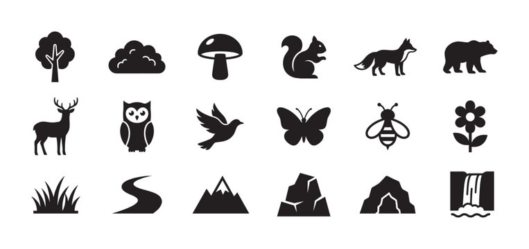 Collection of black nature icons featuring forest animals, plants, and landscape elements in a simple flat silhouette style for graphic design and web interface elements