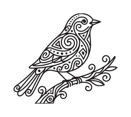 Decorative black and white line art bird with intricate ornamental patterns is perched on a stylized branch, showcasing an elegant folk art style with swirls and dots