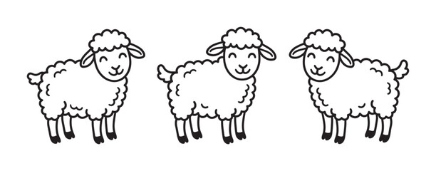 Three cute cartoon sheep with fluffy wool and happy smiling faces stand in a row, a simple black and white line art illustration in a charming hand-drawn doodle style