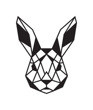 Black geometric rabbit head illustration with a modern polygonal design, featuring sharp lines and triangular facets creating a stylized and symmetrical animal portrait for a logo