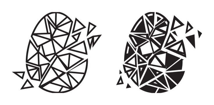Two abstract geometric oval shapes breaking apart into multiple triangular fragments in a minimalist black and white graphic style, featuring both outline and solid silhouette versions