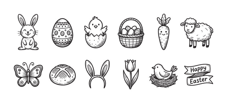 Set of hand-drawn Easter icons featuring a cute bunny, chick, decorated egg, lamb, and basket in a charming black and white doodle sketch style for the spring holiday