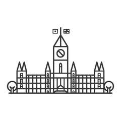 Fototapeta premium A simple line drawing representing a tall governmental building with flags