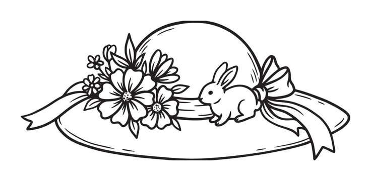 Hand-drawn black and white Easter bonnet decorated with a cute bunny, spring flowers, and a large ribbon bow in a charming, whimsical illustration style for holiday celebration