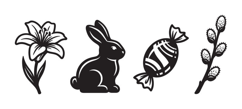 Set of four black Easter icons featuring a lily flower, a bunny, a wrapped candy, and a pussy willow branch in a simple graphic vector illustration style for spring holiday celebration