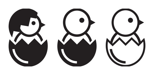 Obraz premium Three black and white chick icons show a newborn bird hatching from a cracked eggshell in a minimalist graphic set with solid fill and simple outline vector styles