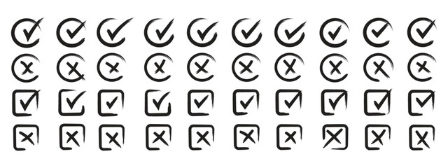 Check tick mark icon set. Cross box x check mark checkbox list vector draw hand drawn sketch doodle brush marker checklist symbol wrong right circle. hand drawn, grunge X sign. hand drawn tick © Daishin