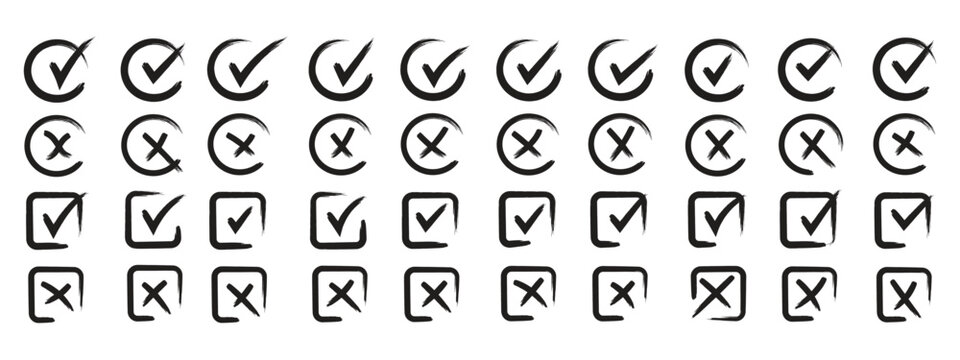 Check tick mark icon set. Cross box x check mark checkbox list vector draw hand drawn sketch doodle brush marker checklist symbol wrong right circle. hand drawn, grunge X sign. hand drawn tick