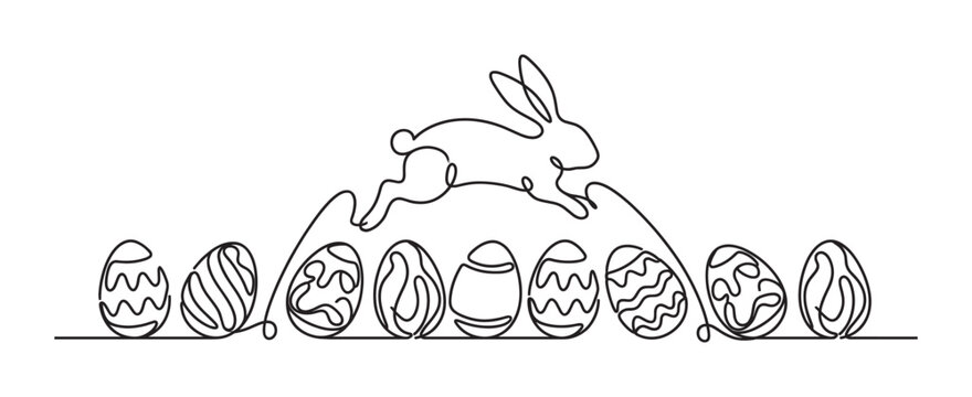 Minimalist black and white continuous line drawing showing a festive Easter bunny jumping over a long row of intricately decorated eggs in a simple, modern artistic style