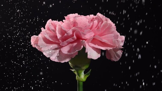 Rotating pink carnation surrounded by swirling sparkling particles like gentle snowfall. Shimmering glitter circles the flower creating dreamy romantic atmosphere of magic and tenderness.