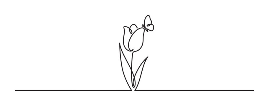 Continuous one-line drawing of a tulip flower with a butterfly resting on its petal, rendered in a minimalist black and white artistic style for elegant design concepts
